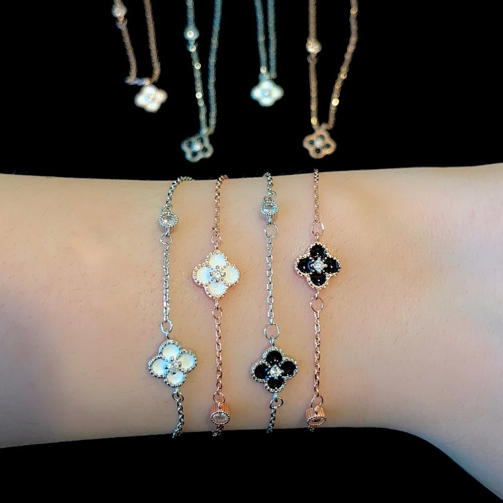 Rose Gold & Silver Four Leaf Clover CZ Bracelet - Picture 2 of 5